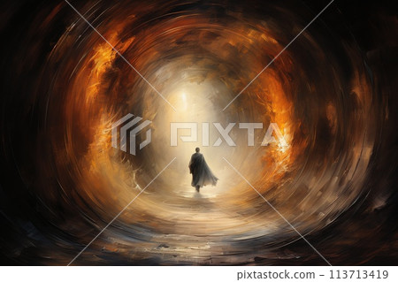 Religious biblical concept of human death, soul goes to purgatory, road to heaven, light at the end of the tunnel, road to god, life and death, heaven, heaven and hell 113713419