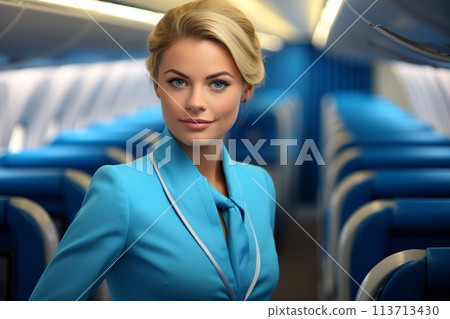 Beautiful portrait of airport worker and airplane and pilot's assistant, flight attendant, gorgeously stylish glamorous , flight stewardess . 113713430