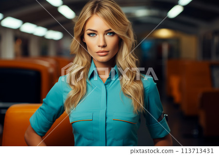 Beautiful portrait of airport worker and airplane and pilot's assistant, flight attendant, gorgeously stylish glamorous , flight stewardess . 113713431