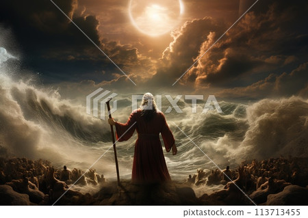 Religious biblical concept, the story of Moses parting the sea, flight from Pharaoh, the Jews, belief in God and Jesus Christ , the liberation of the Jews from Egyptian captivity, the miracle . Religious biblical concept, the story of Moses parting the sea, flight from Pharaoh, the Jews, belief in God and Jesus Christ , the liberation of the Jews from Egyptian captivity, the miracle . 113713455