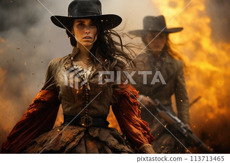 Wild West girls, westerns, outlaws and bandits, sheriffs, robbers and lawmen, stylization and glamour, authenticity of Texas fierce look of self-confidence . 113713465
