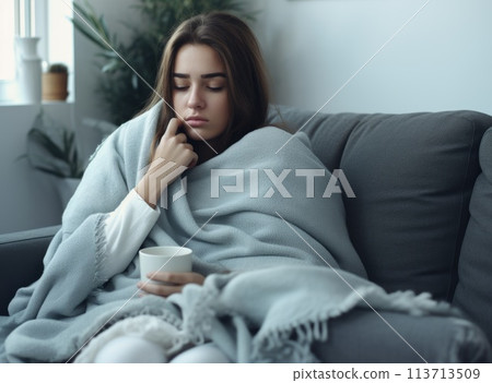 The ill person feels sick, has a cold, a virus. fever, runny nose, sore throat. bacterial ailment. Acute respiratory infection headache coughing, sneezing nasal congestion, runny nose, lacrimation. 113713509