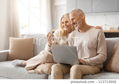 Mature couple enjoying technology together 113713608
