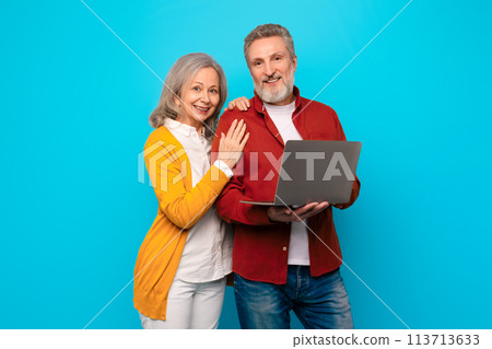 Casual senior couple happily using a laptop in blue studio 113713633