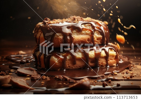 Doughnuts, delicious and sweet baked goods food, tasty, caloric, fast food obesity, dough products fried in oil deep-fried baked goods sweet dust jam jam candy chocolate chocolate powdered sugar . 113713653