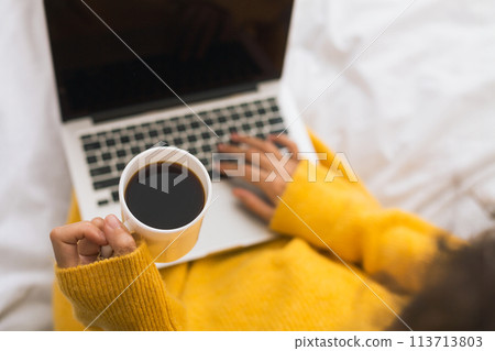 Woman surfing internet on laptop and drinking coffee Woman surfing internet on laptop and drinking coffee 113713803