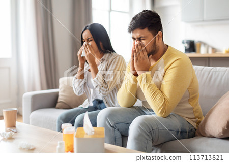 Indian Couple With Seasonal Allergies Sitting on Couch at Home Indian Couple With Seasonal Allergies Sitting on Couch at Home 113713821