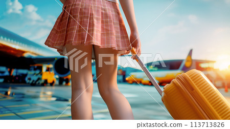 Legs of young woman with suitcase 113713826