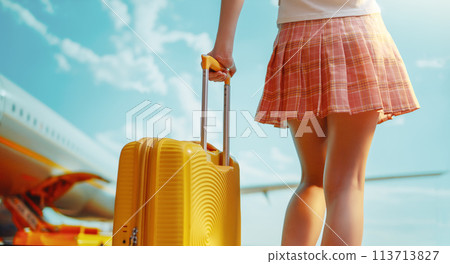 Legs of young woman with suitcase 113713827