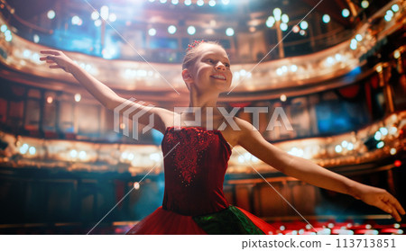 girl in a red tutu dancing on the stage 113713851