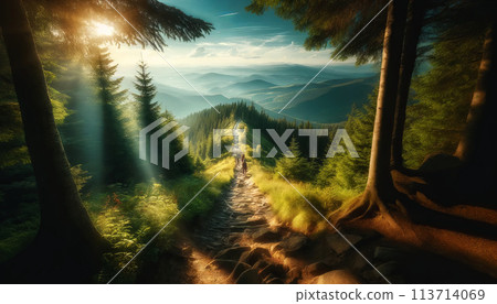 Sunrise Hike in Serene Mountain Forest 113714069