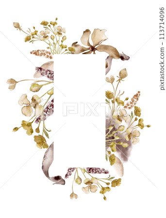 Dry flowers, leaves monochrome in watercolor sienna color. Frame of monotone flowers isolated. Card with wild brown plants hand drawn. Design of branding, invitations, printed products 113714096