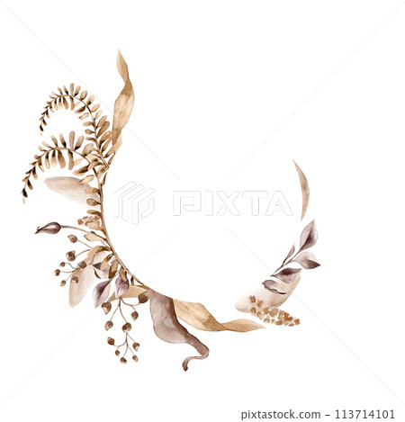 Palm branch, dry herb in monochrome brown watercolor. Circle frame of Abstract plants in sienna color isolated. Fantasy leaves hand drawn. Design of branding, invitations, printed products, wedding 113714101