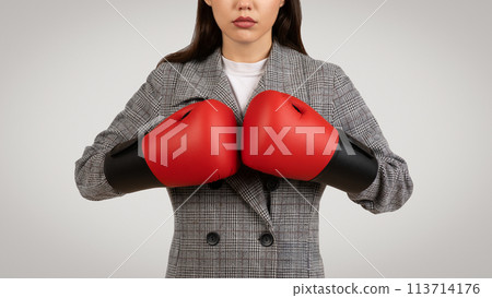 Determined businesswoman with boxing gloves in business suit 113714176