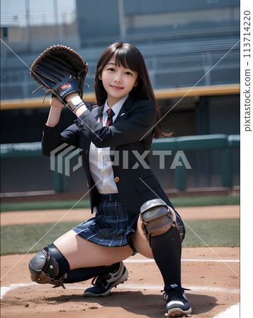 插畫素材：打棒球的高中女生（捕手） 113714220