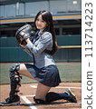 插畫素材：打棒球的高中女生（捕手） 113714223
