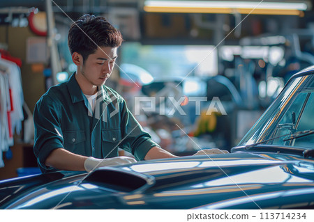 Young auto mechanic inspecting a car Young auto mechanic inspecting a car 113714234