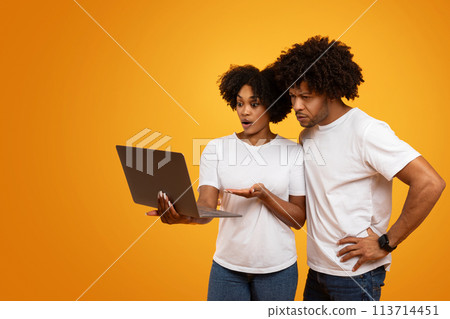 Shocked african american woman showing her husband laptop 113714451