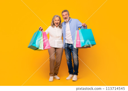 Happy senior husband and wife carrying colorful shopping bags, studio 113714545