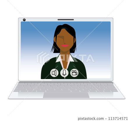 Image illustration of online meeting Laptop and flat design black female business person Image illustration of online meeting Laptop and flat design black female business person 113714571