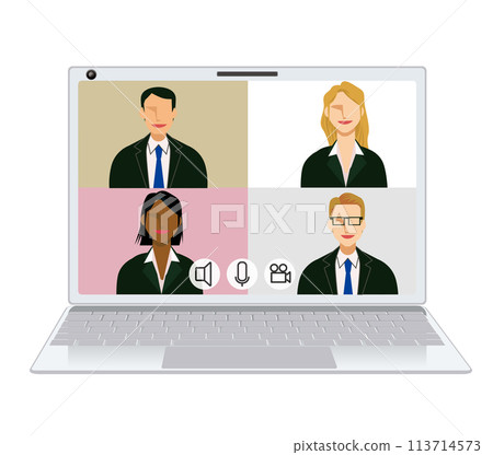 Image illustration of an online meeting with four people. A four-part flat design illustration of businessmen of various races 113714573