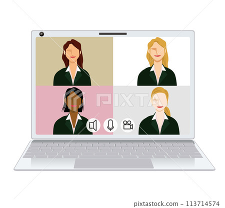 Image illustration of an online meeting with four women, businessmen of various races in a four-part flat design Image illustration of an online meeting with four women, businessmen of various races in a four-part flat design 113714574