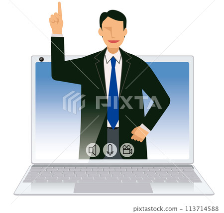 Image illustration of online meeting Flat design Japanese male businessman Pointing pose Image illustration of online meeting Flat design Japanese male businessman Pointing pose 113714588