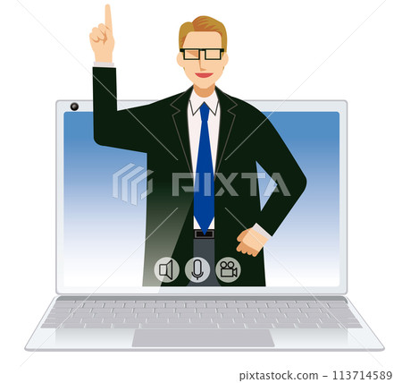 Image illustration of online meeting Flat design Caucasian male businessman Pointing pose Image illustration of online meeting Flat design Caucasian male businessman Pointing pose 113714589