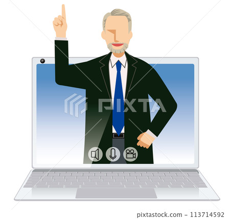 Image illustration of online meeting Flat design Caucasian male businessman Pointing pose Image illustration of online meeting Flat design Caucasian male businessman Pointing pose 113714592