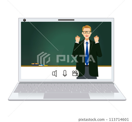 Image illustration of online classes: Flat design of white male teacher, professor, lecturer, seminar Image illustration of online classes: Flat design of white male teacher, professor, lecturer, seminar 113714601