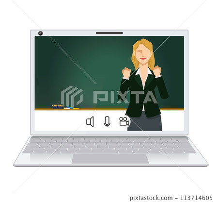 Image illustration of online classes: Flat design of white female teacher, professor, lecturer, seminar Image illustration of online classes: Flat design of white female teacher, professor, lecturer, seminar 113714605