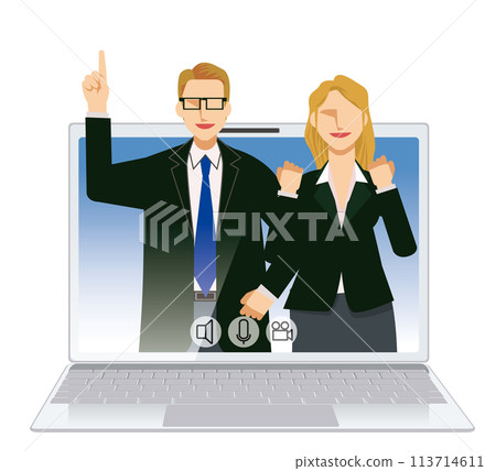 Image illustration of an online meeting Flat design of two Caucasian male and female business people 113714611