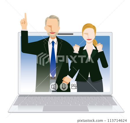 Image illustration of an online meeting Flat design of two men and women, a white male and a white female businessman Image illustration of an online meeting Flat design of two men and women, a white male and a white female businessman 113714624
