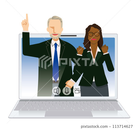 Image illustration of an online meeting: Flat design of two men and women, a white man and a black woman businessmen Image illustration of an online meeting: Flat design of two men and women, a white man and a black woman businessmen 113714627