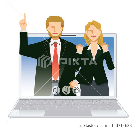 Image illustration of an online meeting Flat design of two men and women, a white male and a white female businessman 113714628