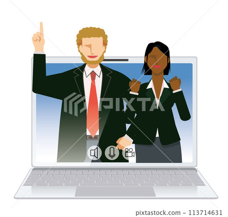 Image illustration of an online meeting: Flat design of two men and women, a white man and a black woman businessmen Image illustration of an online meeting: Flat design of two men and women, a white man and a black woman businessmen 113714631