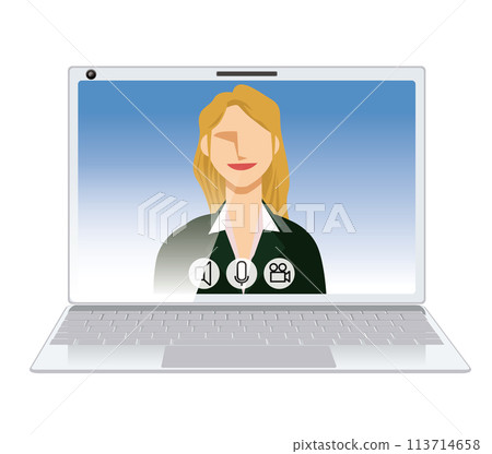 Image illustration of online meeting: Flat design white female businessman with laptop Image illustration of online meeting: Flat design white female businessman with laptop 113714658