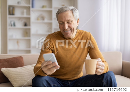 Cheerful senior holding mug and smartphone 113714692