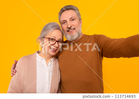 happy european senior man embracing wife posing for selfie, studio 113714693