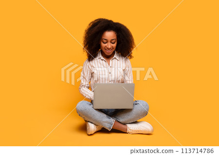 Woman sitting with laptop on floor on yellow background 113714786