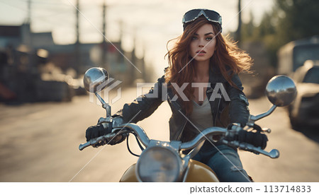 beautiful girl on a bike in glasses and a leather jacket against the background of the city beautiful girl on a bike in glasses and a leather jacket against the background of the city 113714833
