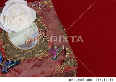 Antique Fairy Tale Book With Jewels and White Rose Antique Fairy Tale Book With Jewels and White Rose 113714915