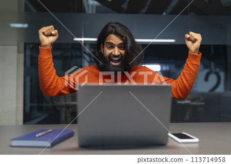Man showing winning gesture at laptop 113714958