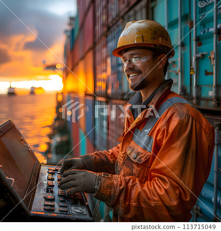 Cargo ship operator is using a crane control panel to unload a container from a cargo ship 113715049