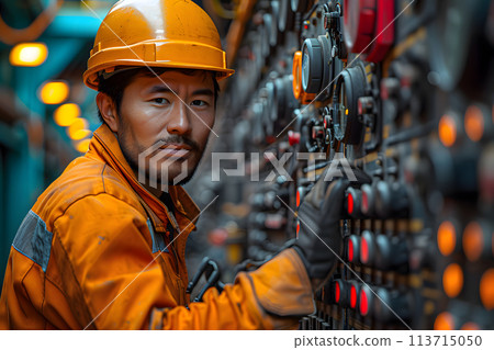 Cargo ship operator is using a crane control panel to unload a container from a cargo ship 113715050