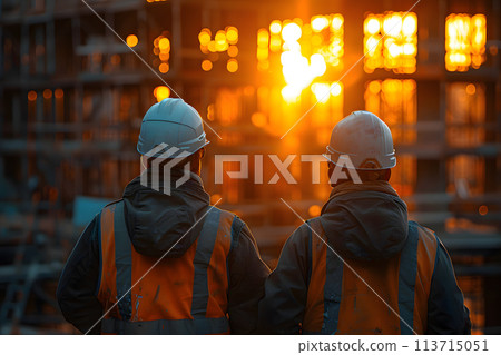 Construction workers on site, Engineer holding diagram 113715051