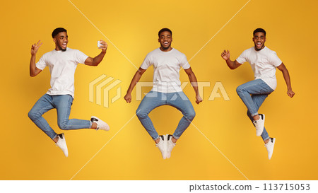Collage of jumping black guy on orange Collage of jumping black guy on orange 113715053