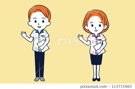 Simple illustration of a man and woman giving business guidance Vector / Kariyushi / Aloha shirt 113715065