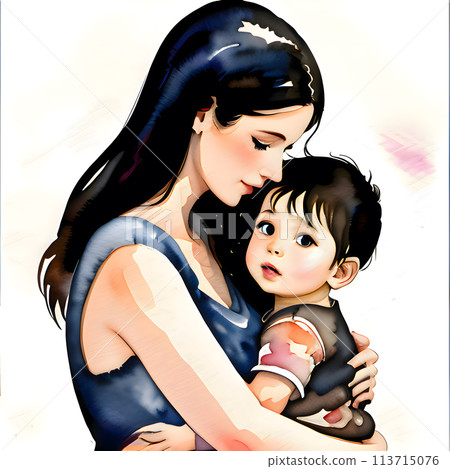Mother's day, Women Day, Mother and little boy, Watercolor painting style 113715076