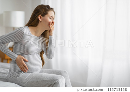 Pregnant woman feeling unwell on bed 113715138